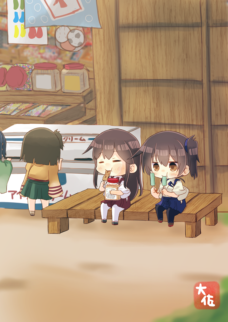 4girls =_= akagi_(kantai_collection) artist_name black_legwear blue_hair blue_hakama brown_eyes brown_hair commentary_request eating eyebrows_visible_through_hair food green_hakama green_kimono hair_between_eyes hakama hakama_skirt hiryuu_(kantai_collection) holding holding_food japanese_clothes kaga_(kantai_collection) kantai_collection kimono long_hair multiple_girls one_side_up red_hakama short_hair side_ponytail sitting smile souryuu_(kantai_collection) taisa_(kari) tasuki thigh-highs white_legwear yellow_kimono