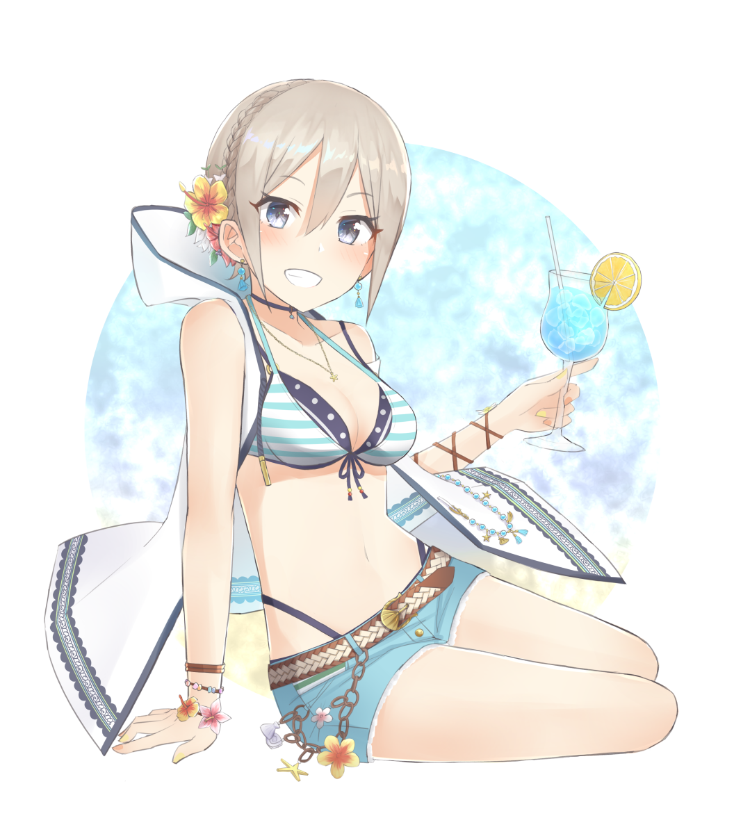 1girl arm_support belt bikini blue_shorts braid breasts choker cleavage collarbone crown_braid cup drinking_straw earrings eyebrows_visible_through_hair grey_eyes grin hair_between_eyes highleg highleg_bikini highres holding holding_cup idolmaster idolmaster_cinderella_girls idolmaster_cinderella_girls_starlight_stage jewelry looking_at_viewer medium_breasts midriff multi-strapped_bikini navel necklace shiomi_shuuko short_hair short_shorts shorts silver_hair smile solo stomach swimsuit teku_x2 white_background