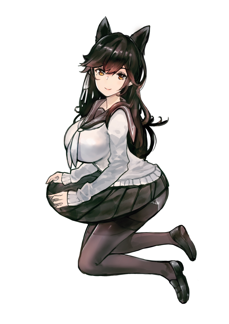 1girl alternate_costume animal_ears atago_(azur_lane) atago_(school_daydream)_(azur_lane) azur_lane black_footwear black_hair black_legwear black_skirt breasts cardigan enjo-sen full_body large_breasts lips long_hair long_sleeves looking_at_viewer miniskirt mole mole_under_eye panties panties_under_pantyhose pantyhose pleated_skirt sailor_collar school_uniform serafuku shoes simple_background skirt skirt_lift smile solo underwear white_background white_neckwear white_panties