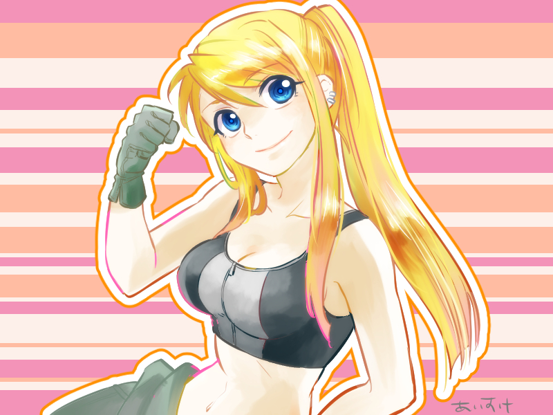 1girl aaaaaisuke blonde_hair blue_eyes breasts cleavage clenched_hand collarbone crop_top earrings eyebrows_visible_through_hair floating_hair fullmetal_alchemist gloves grey_gloves hair_between_eyes head_tilt jewelry long_hair looking_at_viewer medium_breasts midriff navel ponytail shiny shiny_hair smile solo stomach striped striped_background very_long_hair winry_rockbell