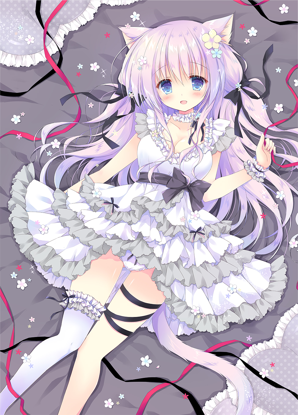 1girl :d animal_ears bangs bed_sheet black_bow black_ribbon blue_eyes blue_flower blush bow bow_panties breasts cat_ears cat_girl cat_tail cleavage collarbone commentary_request dress eyebrows_visible_through_hair fingernails flower frilled_legwear frilled_pillow frills hair_between_eyes hair_bow hair_flower hair_ornament hand_up hasekura_chiaki head_tilt heart heart_pillow highres layered_dress lying medium_breasts on_back open_mouth original panties pillow pink_hair pleated_dress polka_dot_pillow red_ribbon ribbon single_thighhigh sleeveless sleeveless_dress smile solo tail thigh-highs underwear white_dress white_flower white_legwear white_panties wrist_cuffs yellow_flower