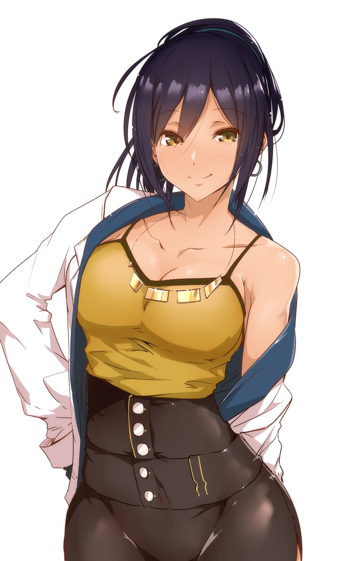 1girl bangs bare_shoulders black_hair black_pants blush breasts buttons cleavage closed_mouth collarbone earrings hair_between_eyes highres idolmaster idolmaster_shiny_colors jacket jewelry large_breasts long_hair looking_at_viewer necklace off_shoulder open_clothes open_jacket pants ponytail shirase_sakuya simple_background smile solo tokiwa_midori_(kyokutou_funamushi) white_background white_jacket yellow_camisole yellow_eyes