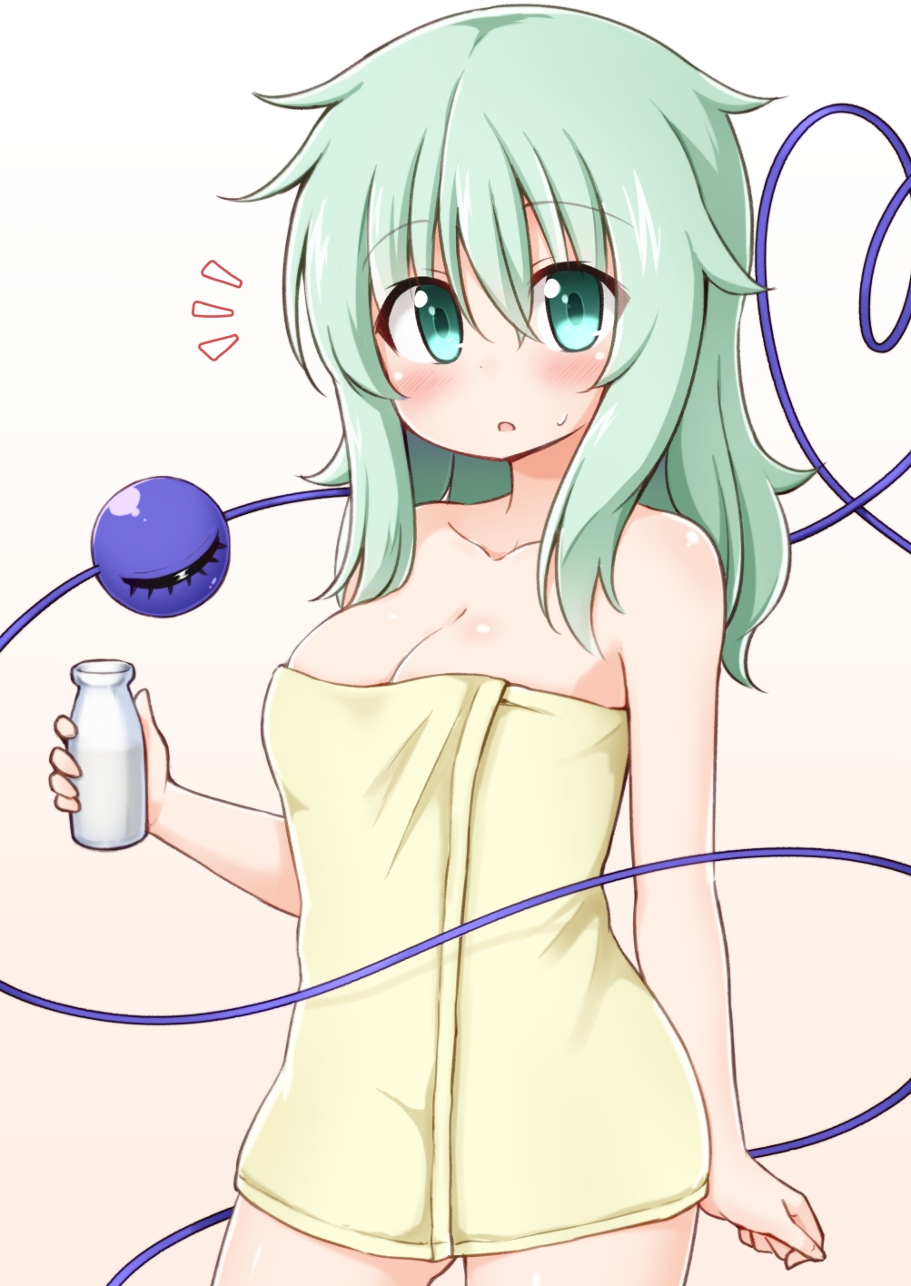 1girl bangs bare_arms bare_shoulders beige_background blush bottle breasts cleavage collarbone commentary_request cowboy_shot eyebrows_visible_through_hair gradient gradient_background green_eyes green_hair hair_between_eyes heart heart_of_string highres holding holding_bottle koishi_day komeiji_koishi long_hair looking_at_viewer medium_breasts naked_towel no_hat no_headwear parted_lips solo standing suwa_yasai sweat third_eye tokkuri touhou towel white_background