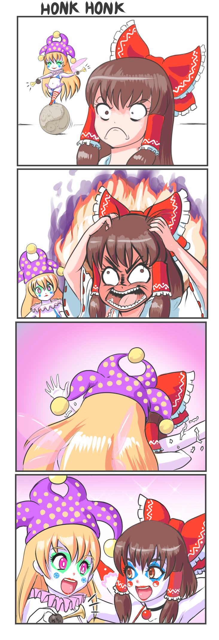 &gt;:( 2girls 4koma adapted_costume american_flag_bikini american_flag_legwear angry balancing bike_horn bikini blonde_hair bow brown_hair closed_eyes clown clownpiece comic constricted_pupils english_text eyebrows_visible_through_hair facepaint fairy_wings flag_print hair_bow hair_tubes hakurei_reimu hat highres holding_head jester_cap kiss long_hair makeup moon multiple_girls profitshame smile swimsuit touhou what wings yuri