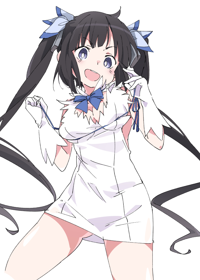 1girl :d black_hair blue_ribbon breasts cleavage dungeon_ni_deai_wo_motomeru_no_wa_machigatteiru_darou_ka gloves hair_ribbon hestia_(danmachi) ixy long_hair looking_at_viewer medium_breasts open_mouth rei_no_himo ribbon simple_background smile solo teeth twintails violet_eyes white_background white_gloves