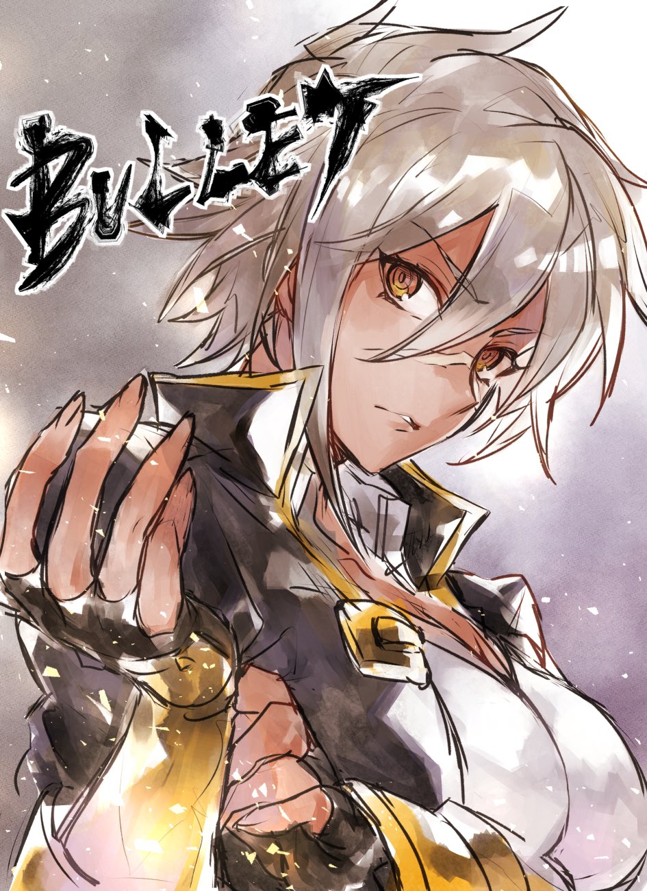 1girl blazblue blazblue:_chronophantasma breasts bullet_(blazblue) character_name dark_skin eyebrows_visible_through_hair facial_scar fingerless_gloves fingernails gloves hair_between_eyes highres jacket large_breasts long_fingernails looking_at_viewer nose_scar ozi_circle parted_lips putting_on_gloves scar short_hair silver_hair simple_background solo yellow_eyes