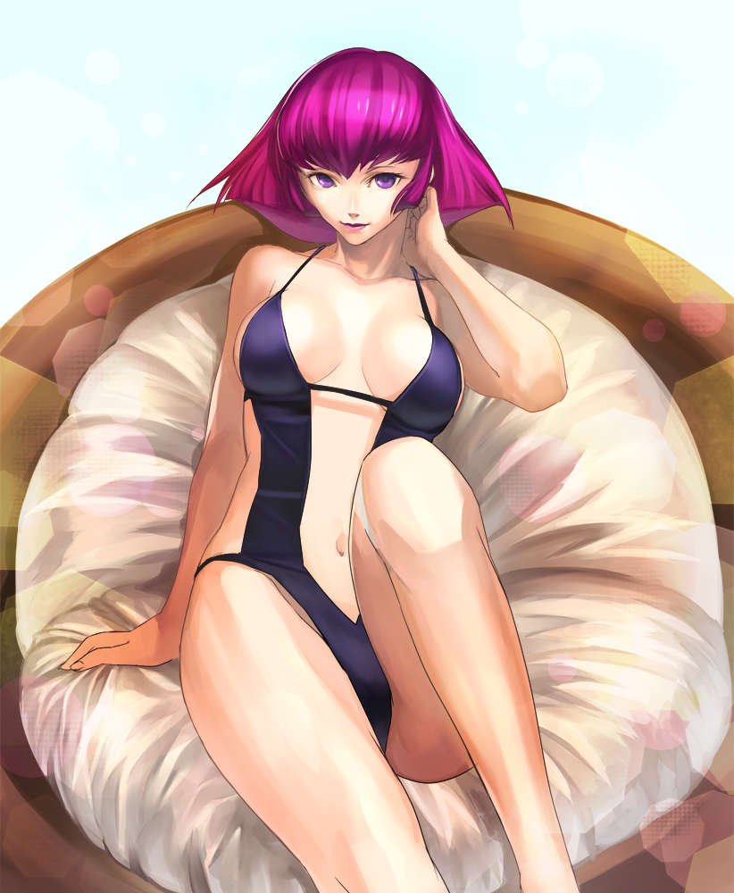 1girl breasts closed_mouth commentary_request graphite_(medium) gundam haman_karn large_breasts looking_at_viewer navel pink_hair ri-ko short_hair sitting smile solo traditional_media violet_eyes zeta_gundam