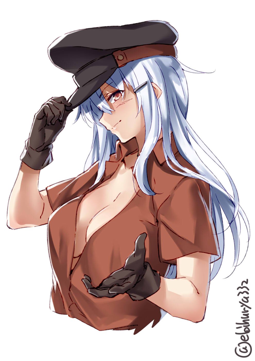 1girl blush breasts brown_gloves closed_mouth ebifurya eyebrows_visible_through_hair facial_scar flat_cap gangut_(kantai_collection) gloves grey_hair hair_between_eyes hat highres kantai_collection large_breasts long_hair military_hat no_bra peaked_cap red_eyes red_shirt scar scar_on_cheek shirt short_sleeves simple_background solo white_background