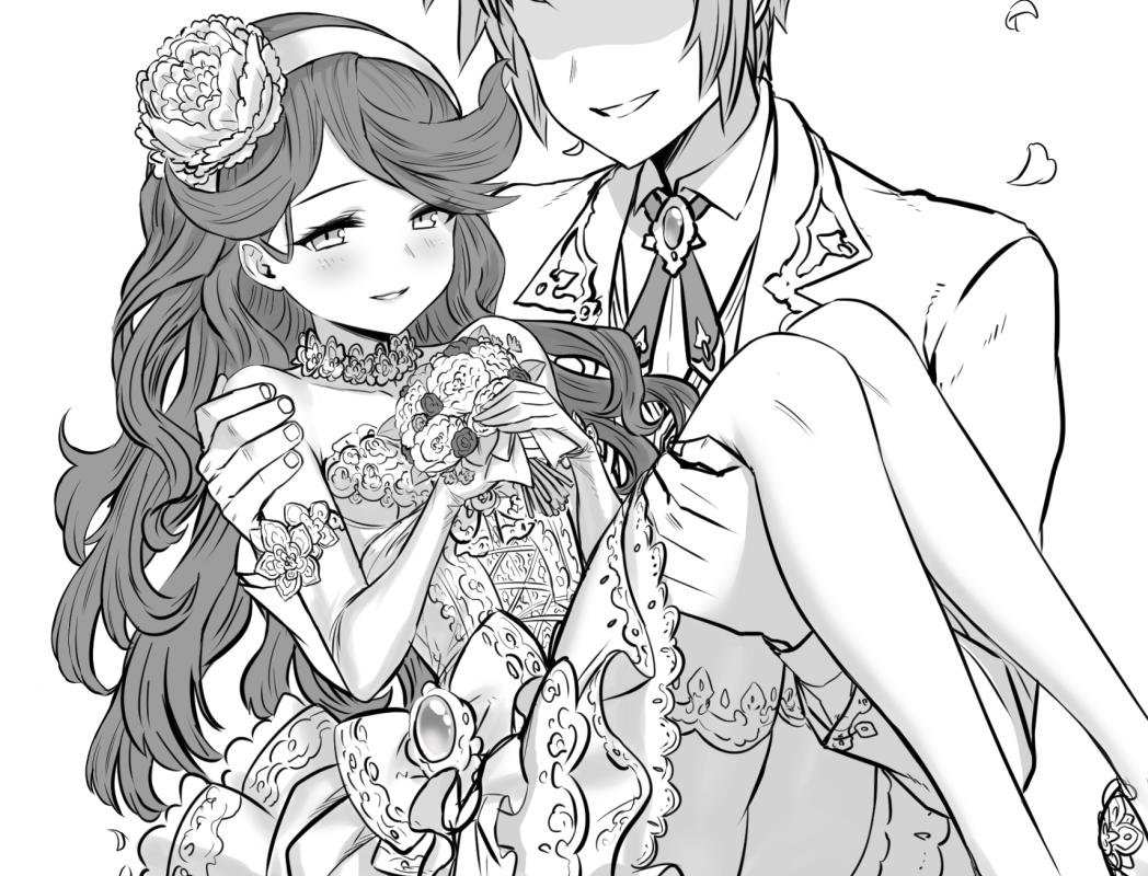 1boy 1girl blush bouquet bridal_gauntlets bridal_legwear bride carrying commentary dress faceless faceless_male flower gran_(granblue_fantasy) granblue_fantasy greyscale groom hairband long_hair monochrome petals princess_carry sara_(granblue_fantasy) thigh-highs wedding_dress white_legwear yapo_(croquis_side)