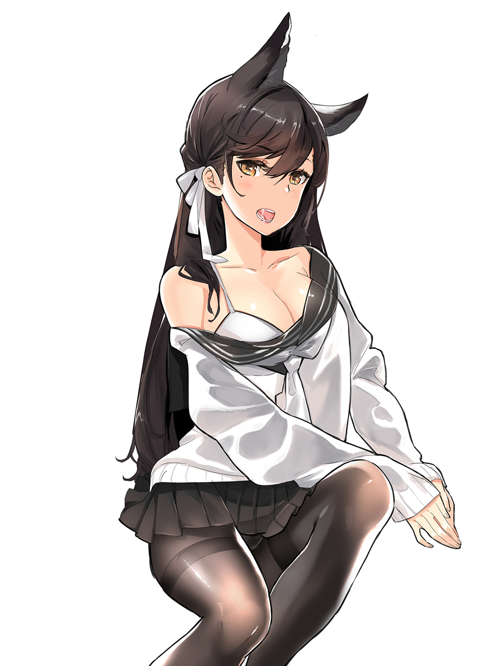 1girl animal_ears atago_(azur_lane) atago_(school_daydream)_(azur_lane) azur_lane black_hair black_legwear black_skirt bra breasts cardigan cleavage collarbone enjo-sen hair_between_eyes hair_ribbon hands_together highres invisible_chair large_breasts long_hair long_sleeves looking_at_viewer mole mole_under_eye off_shoulder open_mouth orange_eyes panties panties_under_pantyhose pantyhose pleated_skirt ribbon sailor_collar saliva school_uniform simple_background sitting skirt solo underwear white_background white_bra white_neckwear