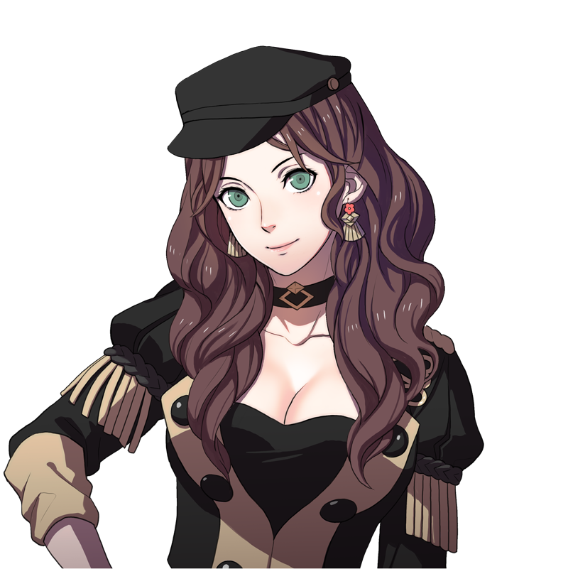 breasts brown_hair cleavage dorothea fire_emblem fire_emblem:_three_houses kurahana_chinatsu large_breasts long_hair looking_at_viewer nintendo simple_background smile solo uniform white_background