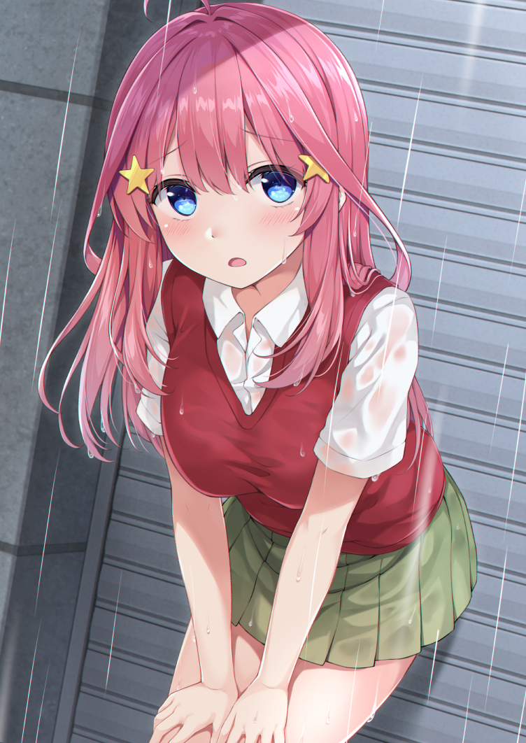 1girl :o ahoge bare_arms blue_eyes blush breasts collared_shirt commentary_request cowboy_shot dutch_angle go-toubun_no_hanayome green_skirt hair_ornament hands_on_own_thighs karutamo leaning_forward long_hair looking_at_viewer medium_breasts miniskirt nakano_itsuki open_mouth pink_hair pleated_skirt rain red_vest school_uniform shirt short_sleeves sidelocks skirt solo standing star star_hair_ornament sweat sweater_vest thighs vest wet wet_clothes wet_shirt white_shirt