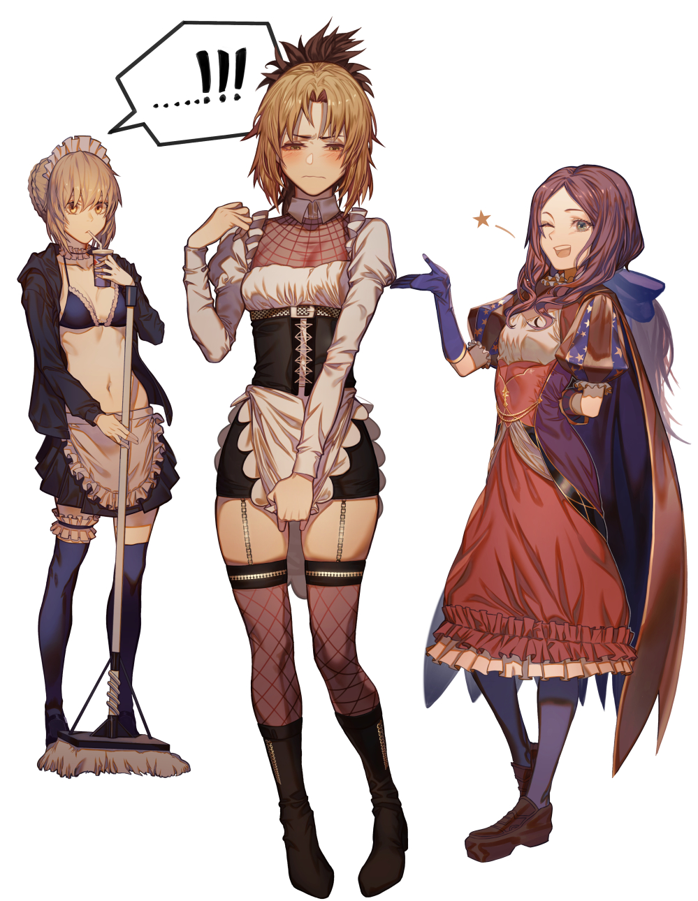 3girls apron artoria_pendragon_(all) artoria_pendragon_(swimsuit_rider_alter) bangs bikini black_bikini black_footwear black_jacket black_legwear black_skirt blonde_hair blue_eyes blush boots braid breasts broom brown_footwear brown_hair cape commentary_request dress drinkin drinking_straw fate/grand_order fate_(series) fishnet_legwear fishnets full_body gloves green_eyes gyudong123 half-closed_eyes headdress highres holding jacket leonardo_da_vinci_(fate/grand_order) long_hair looking_at_viewer maid_dress maid_headdress mordred_(fate) mordred_(fate)_(all) multiple_girls one_eye_closed open_mouth pantyhose parted_bangs ponytail red_dress short_dress short_hair simple_background skirt smile swimsuit thigh-highs white_apron white_background