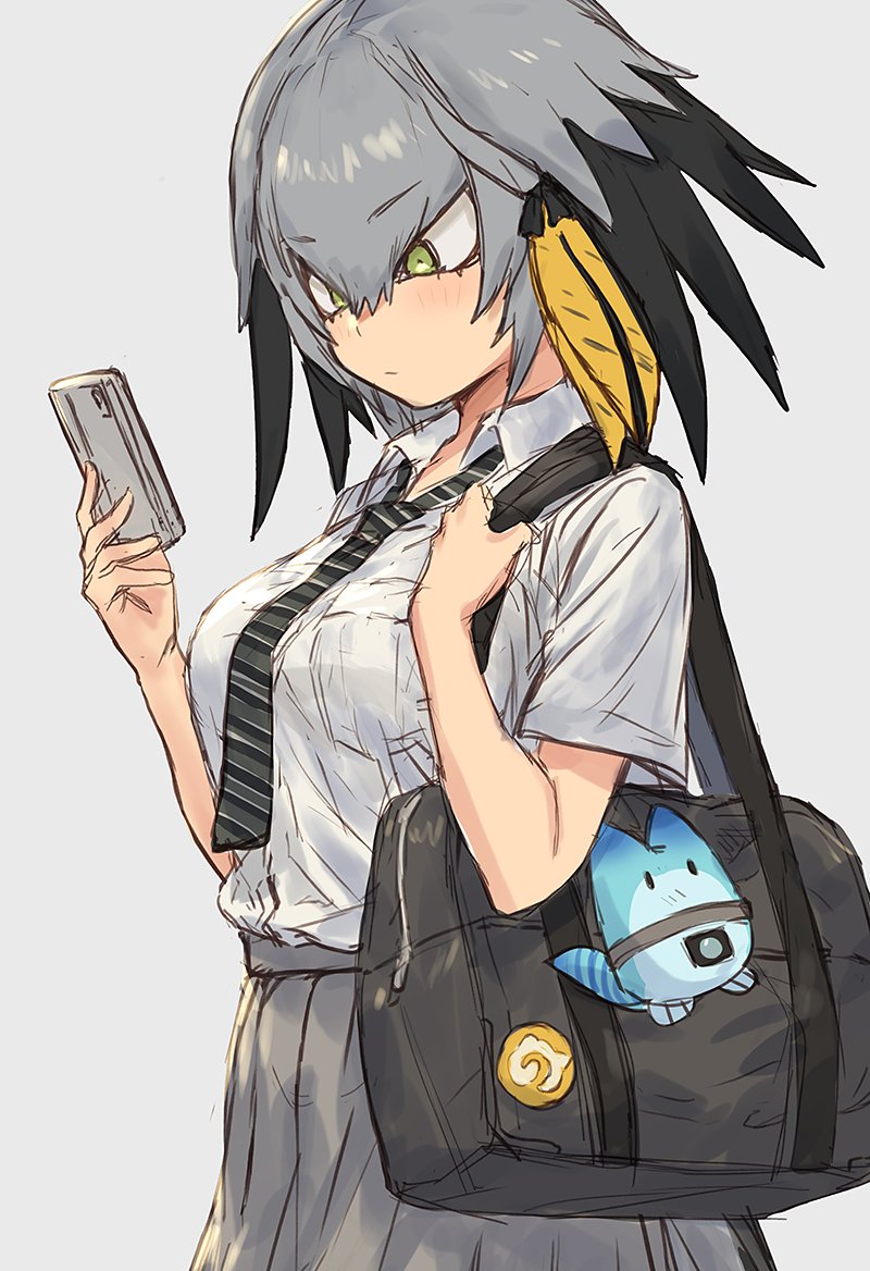 1girl alternate_costume bag black_hair blonde_hair blush buttons cellphone collared_shirt cowboy_shot eyebrows_visible_through_hair green_eyes grey_hair grey_skirt guchico hair_tie holding_strap japari_symbol kemono_friends looking_at_phone lucky_beast_(kemono_friends) multicolored_hair necktie phone pleated_skirt school_bag school_uniform shirt shoebill_(kemono_friends) short_hair short_sleeves skirt smartphone solo striped striped_neckwear