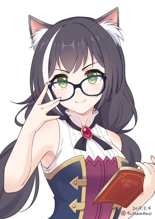 1girl animal_ear_fluff animal_ears bare_arms bare_shoulders black-framed_eyewear black_hair black_neckwear blush book breasts commentary_request dated fushamemo glasses green_eyes hand_up holding holding_book kyaru_(princess_connect) long_hair looking_at_viewer low_twintails medium_breasts multicolored_hair open_book princess_connect! princess_connect!_re:dive simple_background sleeveless smile solo streaked_hair twintails twitter_username upper_body v-shaped_eyebrows white_background white_hair