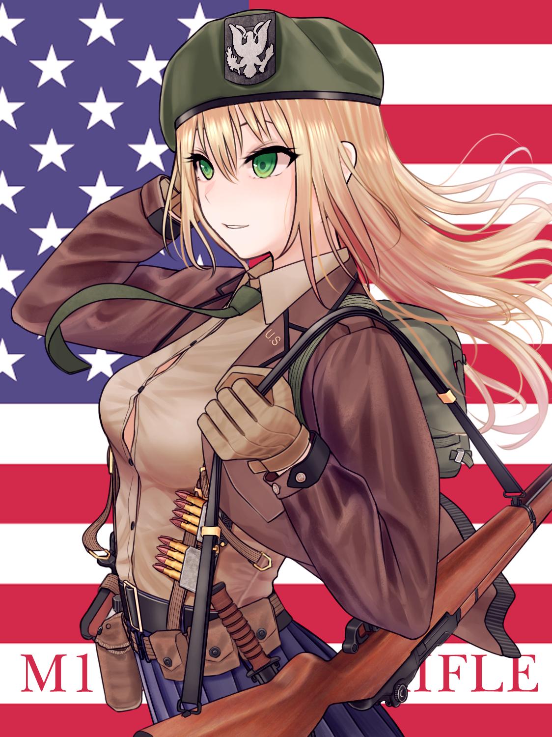 1girl american_flag blonde_hair blue_skirt canteen character_name clip_(weapon) cowboy_shot en_bloc_clip from_side girls_frontline gloves green_eyes green_neckwear gun hand_in_hair highres knife long_hair m1_garand m1_garand_(girls_frontline) medium_tank over_shoulder rifle skirt solo testame weapon weapon_over_shoulder