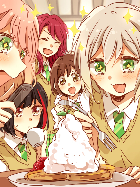 +_+ 5girls :3 :d ^_^ afterglow_(bang_dream!) aoba_moca bang_dream! bangs black_hair blush bob_cut brown_eyes brown_hair cellphone clenched_hand closed_eyes collared_shirt cream cup drooling food fork fruit green_eyes green_neckwear grey_hair hand_on_another's_head haneoka_school_uniform hazawa_tsugumi holding holding_cup holding_fork long_hair mitake_ran multiple_girls necktie open_mouth pancake phone pink_hair plate redhead school_uniform shirt short_hair smartphone smile sparkle strawberry striped striped_neckwear sweater_vest taking_picture teacup udagawa_tomoe uehara_himari v-shaped_eyebrows violet_eyes white_shirt zawameki