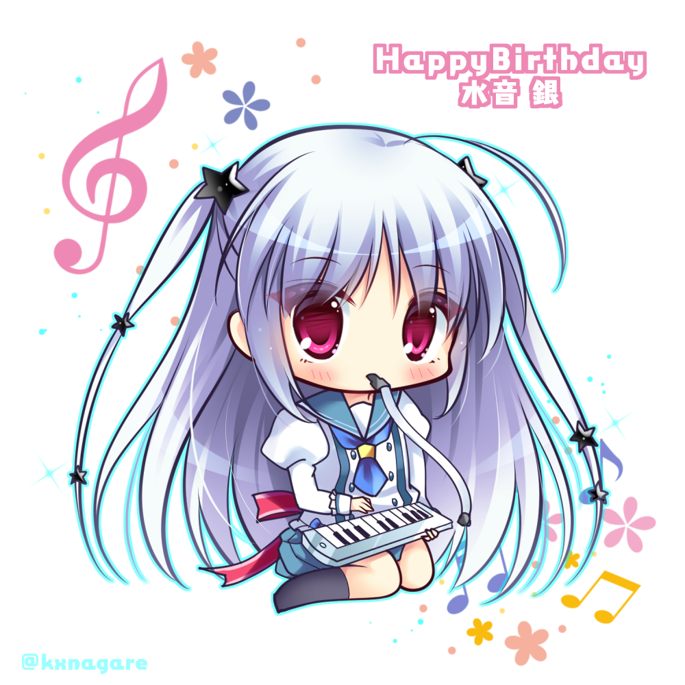 1girl accordion ahoge bangs beamed_eighth_notes black_legwear blue_sailor_collar blue_skirt blush bow character_name chibi eighth_note eyebrows_visible_through_hair hair_between_eyes hair_ornament happy_birthday instrument juliet_sleeves kneehighs long_hair long_sleeves looking_at_viewer lump_of_sugar mizune_gin mouth_hold musical_note no_shoes pleated_skirt prism_rhythm puffy_sleeves red_bow red_eyes ryuuka_sane sailor_collar school_uniform serafuku shirt sidelocks silver_hair sitting skirt solo star star_hair_ornament treble_clef twitter_username two_side_up very_long_hair wariza white_background white_shirt