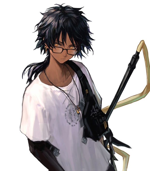 1boy arknights bespectacled black_gloves black_hair dark-skinned_male dark_skin dog_tags elbow_gloves gab_rill glasses gloves jewelry looking_at_viewer male_focus necklace ponytail sheath sheathed shirt simple_background solo sword t-shirt thorns_(arknights) thorns_(comodo)_(arknights) upper_body weapon white_background white_shirt yellow_eyes