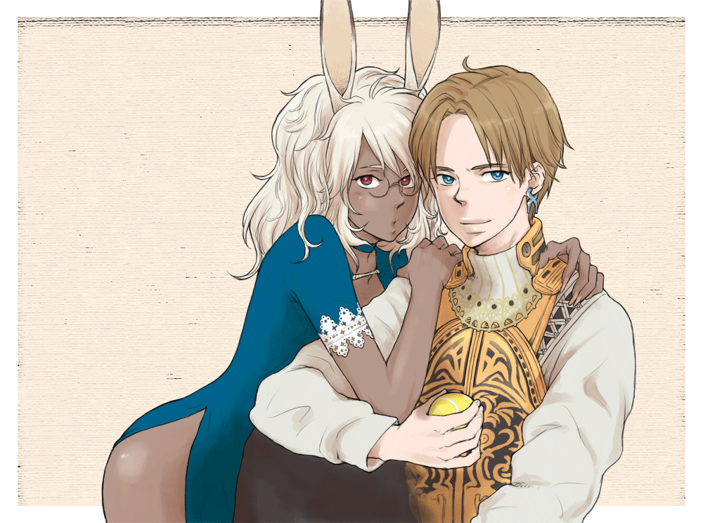 1boy 1girl animal_ears armor aurum_(heyyou) balflear ball brown_hair closed_mouth commentary_request cosplay dark_skin earrings final_fantasy final_fantasy_xii jewelry long_hair looking_at_viewer rabbit_ears simple_background tennis_ball viera white_hair