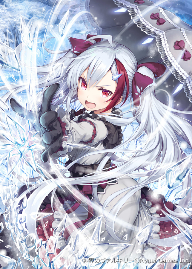1girl akkijin ass black_gloves dress gloves grey_dress grey_umbrella hair_ribbon ice looking_at_viewer multicolored_hair official_art open_mouth red_eyes red_ribbon ribbed_dress ribbon shinkai_no_valkyrie silver_hair snow snowflakes storm twintails two-tone_hair umbrella