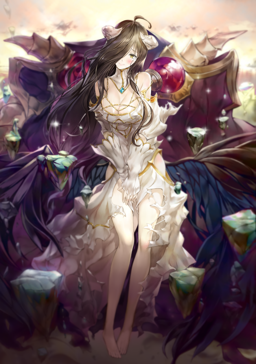 1girl albedo barefoot blush breasts brown_hair choker cleavage dress floating_hair full_body gloves hair_over_one_eye hands_together head_tilt highres horns large_breasts long_dress long_hair looking_at_viewer overlord_(maruyama) ruba_(akiraoe_84) sleeveless sleeveless_dress smile solo standing torn_clothes torn_dress very_long_hair white_dress white_gloves yellow_eyes