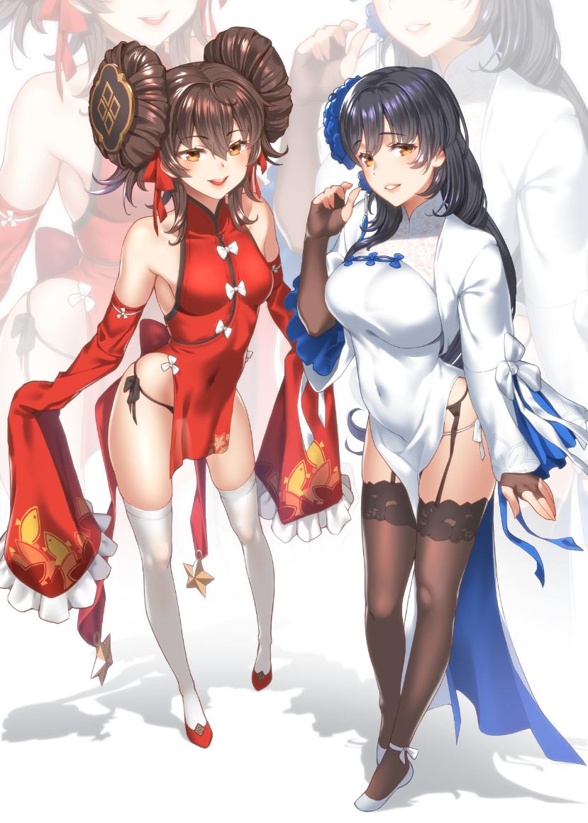 2girls :d alternate_costume alternate_hairstyle bangs black_hair black_panties blush breasts brown_gloves china_dress chinese_clothes covered_navel double_bun dress elbow_gloves eyebrows_visible_through_hair fingerless_gloves flower full_body garter_straps girls_frontline gloves hair_flower hair_ornament hairband hand_up large_breasts long_hair long_sleeves looking_at_viewer multiple_girls multiple_views open_mouth panties parted_lips pelvic_curtain qbz-95_(girls_frontline) qbz-97_(girls_frontline) red_dress red_footwear saruchitan shoes siblings side-tie_panties sidelocks sisters sleeves_past_fingers sleeves_past_wrists smile thigh-highs underwear very_long_hair white_dress white_gloves white_legwear white_panties yellow_eyes