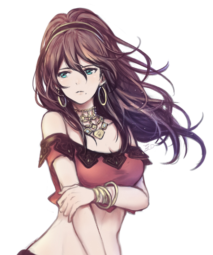 1girl bracelet brown_hair chee_octr crossed_arms dancer dress gloves jewelry long_hair looking_at_viewer necklace octopath_traveler ponytail primrose_azelhart simple_background solo white_background