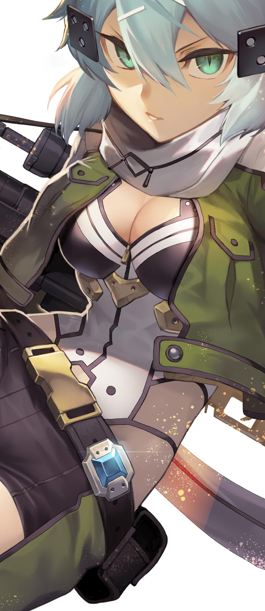 1girl aqua_hair belt breasts cleavage commentary cropped_jacket green_eyes groin gun hair_between_eyes highres looking_at_viewer medium_breasts nkmr8 pgm_hecate_ii rifle scarf short_hair short_shorts shorts sinon sling slit_pupils solo sword_art_online weapon white_background white_scarf