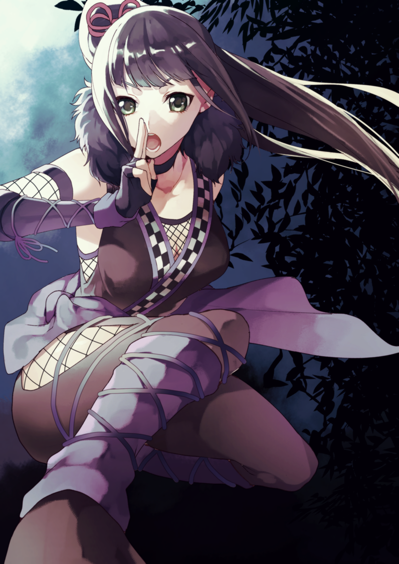 1girl akizuki_hakuto black_gloves black_hair black_pants choker collarbone fingerless_gloves floating_hair gloves green_eyes hair_ribbon hamaguchi_ayame high_ponytail idolmaster idolmaster_cinderella_girls long_hair looking_at_viewer ninja open_mouth pants print_sleeves red_ribbon ribbon shiny shiny_hair solo very_long_hair