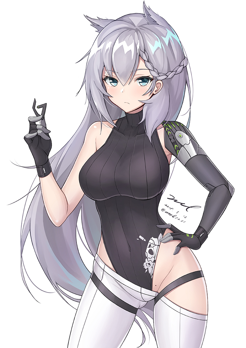 1girl animal_ears aqua_eyes armpit_peek bare_shoulders black_gloves black_leotard braid breasts closed_mouth collarbone covered_navel cowboy_shot dated expressionless floating_hair french_braid girls_frontline gloves gluteal_fold hand_up holding ksvk_(girls_frontline) large_breasts leotard long_hair looking_at_viewer mechanical_arm mole mole_on_crotch pants ribbed_leotard signature silver_hair simple_background solo standing thigh_strap thighs twitter_username unel very_long_hair white_background white_pants