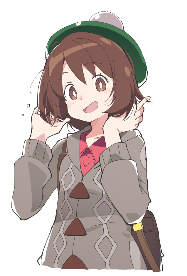 1girl :d bag blush brown_eyes brown_hair creatures_(company) eyebrows_visible_through_hair female_protagonist_(pokemon_swsh) game_freak green_headwear hat ixy looking_at_viewer nintendo open_mouth pokemon pokemon_(game) pokemon_swsh short_hair simple_background smile solo tam_o'_shanter white_background