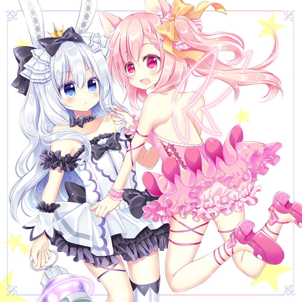 2girls :d animal_ears backless_dress backless_outfit bangs bare_shoulders black_bow bloomers blue_eyes blush bow cat_ears commentary_request crown dress eyebrows_visible_through_hair frilled_dress frills hair_between_eyes hair_bow hair_ribbon holding long_hair mini_crown multiple_girls open_mouth original pink_bloomers pink_dress pink_footwear pink_hair pleated_dress rabbit_ears red_eyes ribbon shikito shoe_soles shoes silver_hair smile sparkle star strapless strapless_dress twintails underwear very_long_hair white_dress white_ribbon wings wrist_cuffs yellow_bow