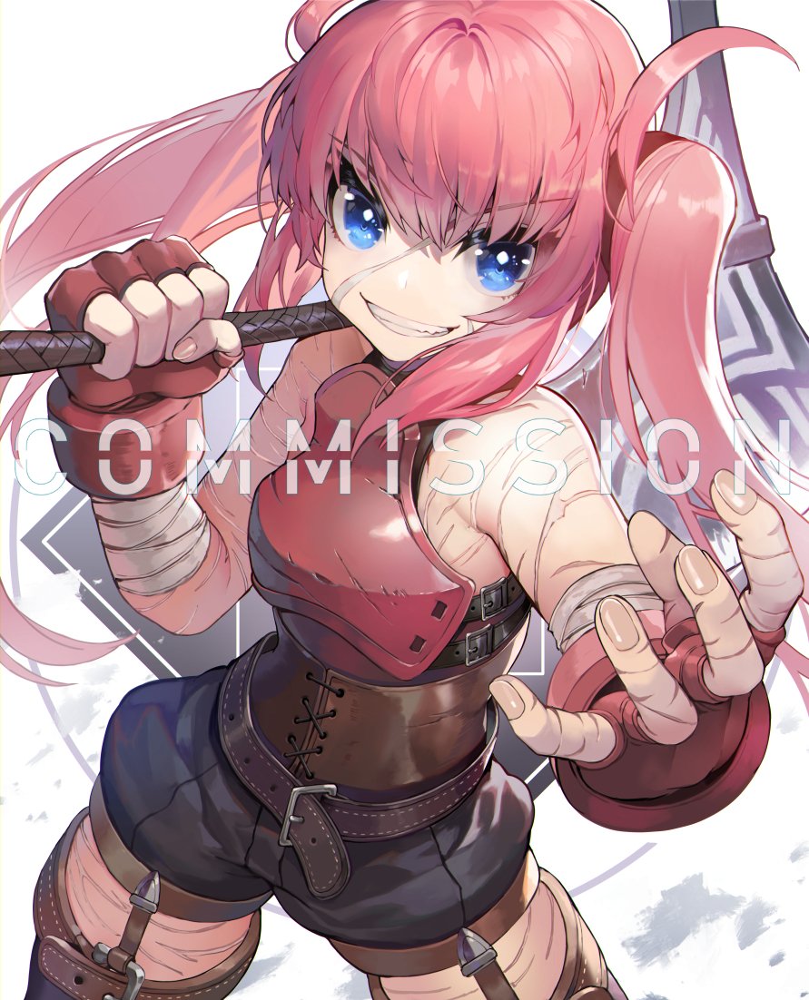 1girl akizone axe bandage bangs bare_shoulders battle_axe belt blue_eyes brown_belt character_request commentary commission copyright_request corset eyebrows_visible_through_hair fang fingerless_gloves gloves holding holding_axe holding_weapon looking_at_viewer open_mouth pink_hair red_gloves scar shorts sleeveless solo teeth twintails weapon