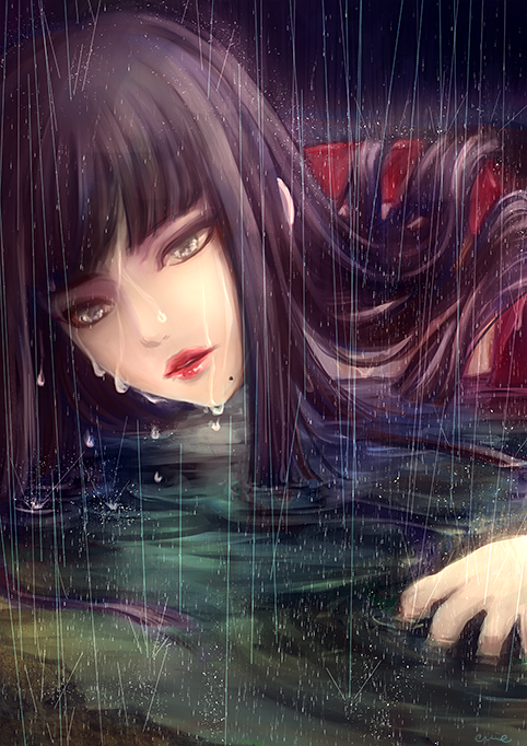 1girl bangs black_hair blunt_bangs commentary_request dripping ebiebina eyeshadow final_fantasy final_fantasy_xiv graphite_(medium) grey_eyes hair_flowing_over hands hime_cut japanese_clothes kimono lips lipstick long_hair lying makeup mole mole_under_mouth night on_ground on_stomach parted_lips puddle rain red_lips sidelocks solo traditional_media tsurime upper_body water wet wet_hair yotsuyu_(ff14)