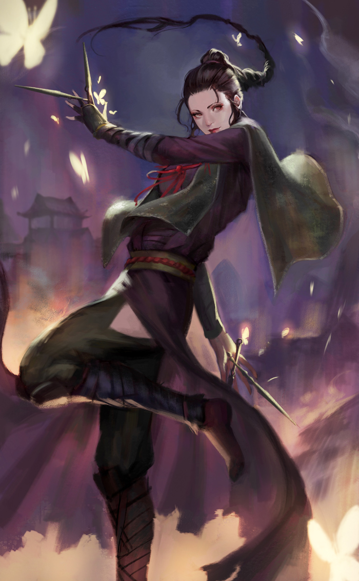 1girl between_fingers black_hair braid bug butterfly cape commentary_request dual_wielding forehead hip_vent holding insect japanese_clothes kunai lady_butterfly lips long_braid long_hair looking_at_viewer ninja nose phamoz red_eyes sekiro:_shadows_die_twice single_braid solo weapon younger