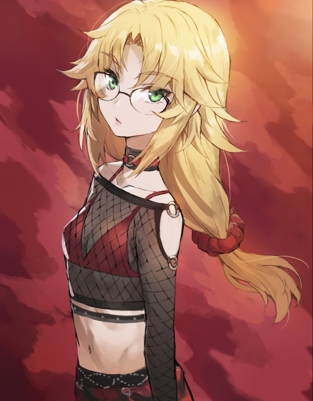 1girl alternate_costume alternate_hairstyle bangs black_collar blonde_hair collar collarbone eyebrows_visible_through_hair fate/apocrypha fate/grand_order fate_(series) fishnet_top fishnets glasses green_eyes highres long_hair looking_at_viewer mordred_(fate) mordred_(fate)_(all) navel parted_bangs ponytail red_background red_scrunchie scrunchie simple_background solo tonee upper_body