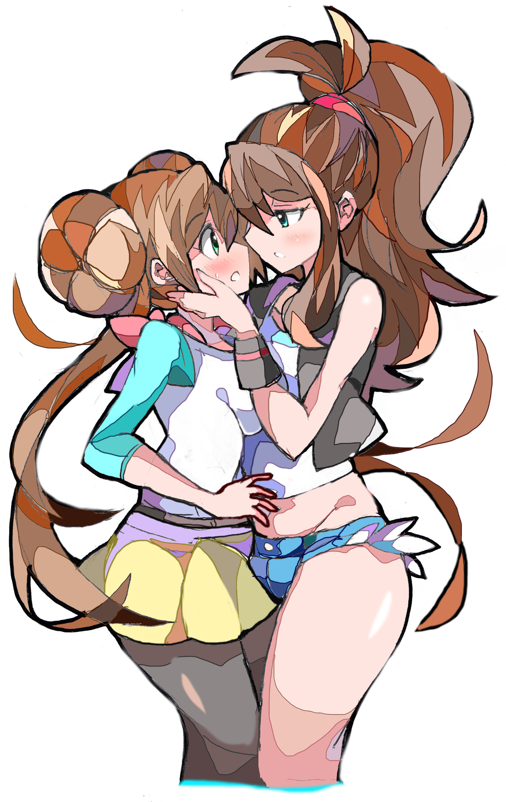 2girls baseball_cap blue_eyes blush brown_hair creatures_(company) double_bun enpe game_freak hair_bun hand_on_another's_face hat highres looking_at_another looking_at_viewer low_twintails mei_(pokemon) multiple_girls nintendo pantyhose pokemon pokemon_(game) pokemon_bw pokemon_bw2 ponytail shirt short_shorts shorts skirt sweatdrop touko_(pokemon) twintails visor_cap yuri