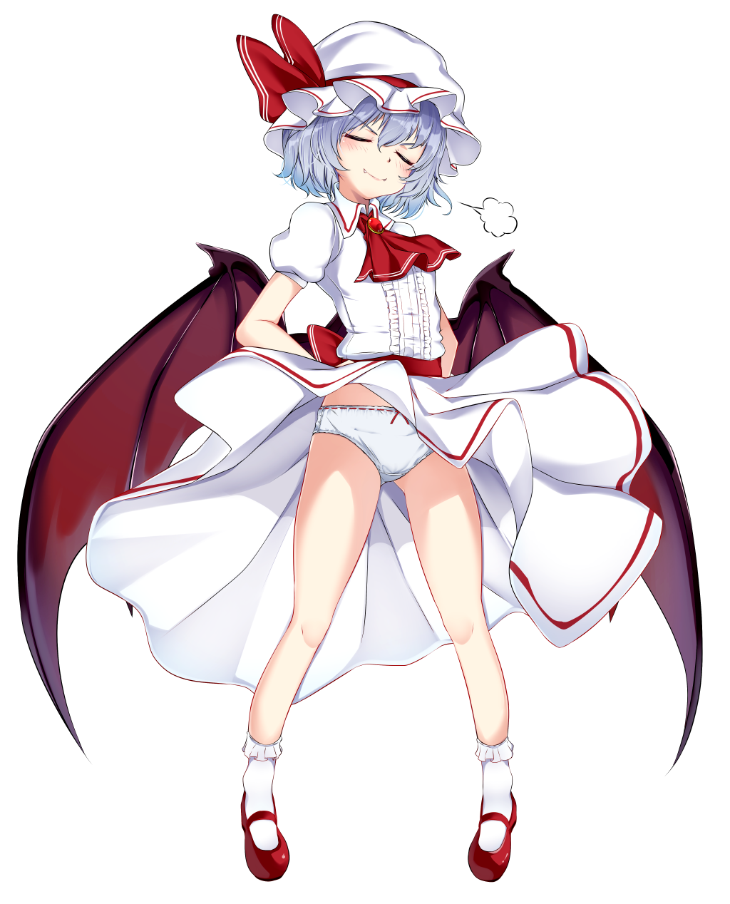 &gt;:) 1girl =3 ascot bangs bare_legs bat_wings blue_hair blush bow bow_panties brooch closed_eyes doyagao dress eyebrows_visible_through_hair fang fang_out full_body gluteal_fold hair_between_eyes hands_on_hips hat hat_ribbon head_tilt highres jewelry mary_janes mob_cap paburisiyasu panties pantyshot pantyshot_(standing) puffy_short_sleeves puffy_sleeves red_footwear red_neckwear red_ribbon red_sash remilia_scarlet ribbon sash shoes short_sleeves simple_background smile socks solo standing thighs touhou underwear v-shaped_eyebrows white_background white_dress white_headwear white_legwear white_panties wind wind_lift wings