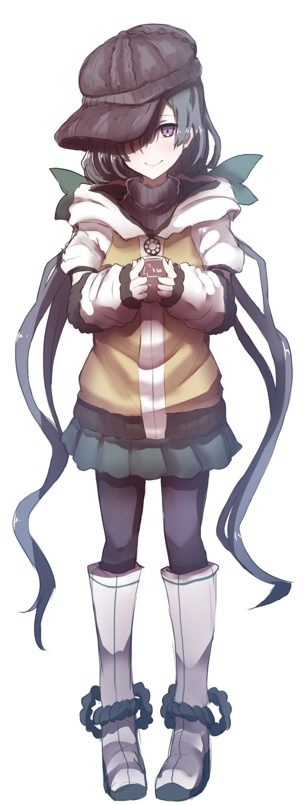 1girl absurdres alternate_costume bangs black_hair black_legwear blush boots brown_headwear brown_jacket cabbie_hat closed_mouth cup detached_sleeves eyebrows_visible_through_hair fate/grand_order fate_(series) full_body green_skirt grey_sweater hair_over_one_eye hat highres holding holding_cup jacket knee_boots long_hair long_sleeves mochizuki_chiyome_(fate/grand_order) pantyhose pigeon-toed pleated_skirt puffy_short_sleeves puffy_sleeves ribbed_sweater short_sleeves simple_background skirt sleeves_past_wrists smile solo standing sweater turtleneck turtleneck_sweater very_long_hair wada_kazu white_background white_footwear white_sleeves