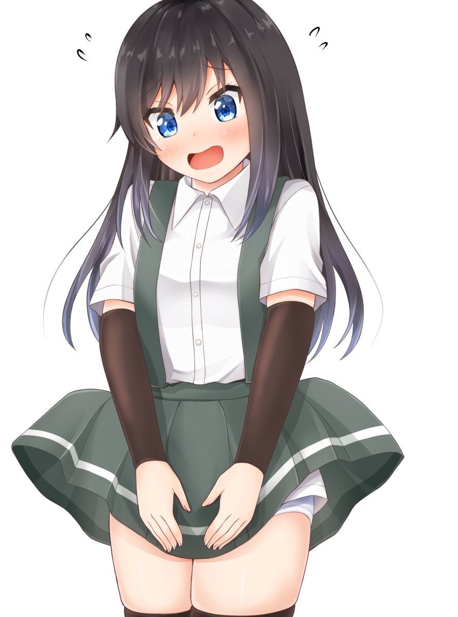 1girl arm_warmers asashio_(kantai_collection) black_hair black_legwear blue_eyes blush breasts collared_shirt comiching covering covering_crotch cowboy_shot embarrassed eyebrows_visible_through_hair grey_skirt hair_between_eyes highres kantai_collection long_hair looking_at_viewer open_mouth panties pleated_skirt school_uniform shirt short_sleeves simple_background skirt small_breasts solo suspender_skirt suspenders sweatdrop thigh-highs underwear white_background white_shirt wind wind_lift