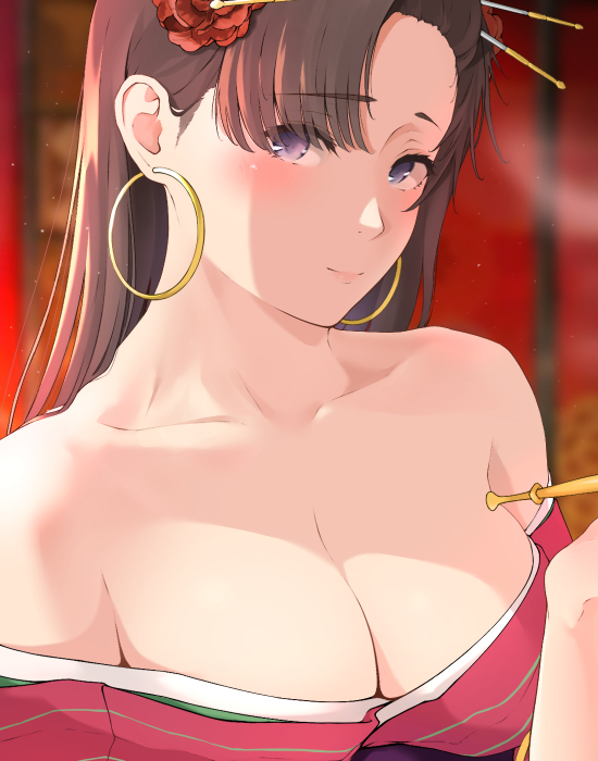 1girl bangs bare_shoulders blue_eyes blurry blush breasts brown_hair cleavage closed_mouth collarbone depth_of_field earrings eyebrows_visible_through_hair face fate/grand_order fate_(series) flower hair_flower hair_ornament hair_stick hand_up hoop_earrings indoors japanese_clothes jewelry kimono large_breasts long_hair looking_at_viewer mata_hari_(fate/grand_order) nobu_kuro off_shoulder pink_kimono red_flower revealing_clothes rose smile smoking solo upper_body