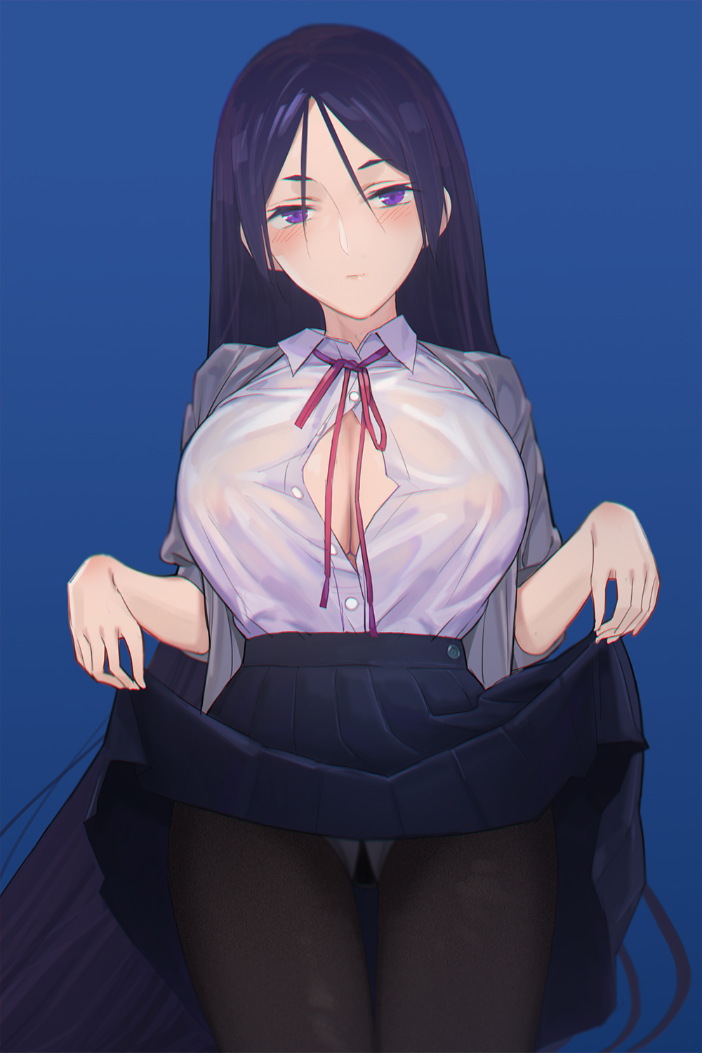 1girl bangs black_legwear breasts cleavage fate/grand_order fate_(series) gluteal_fold highres large_breasts lifted_by_self long_hair looking_at_viewer low-tied_long_hair minamoto_no_raikou_(fate/grand_order) neee-t panties pantyhose parted_bangs purple_hair skirt skirt_lift underwear very_long_hair violet_eyes