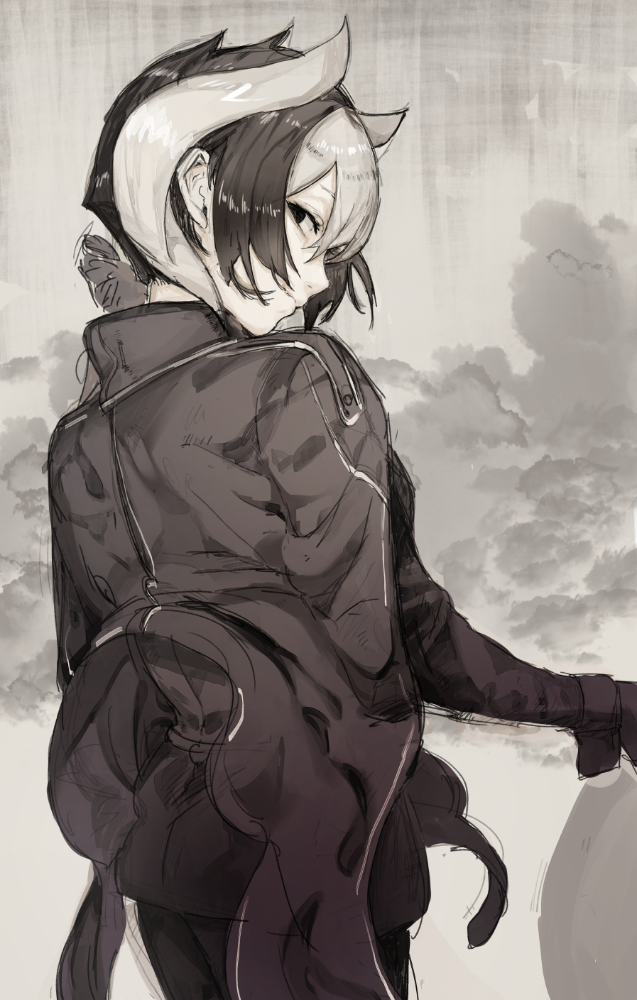 1girl bangs black_eyes black_hair black_jacket black_pants black_shirt closed_mouth clouds from_behind hair_between_eyes highres hiranko jacket long_sleeves looking_at_viewer looking_back made_in_abyss multicolored_hair ozen pants profile shirt short_hair sketch solo standing two-tone_hair white_hair