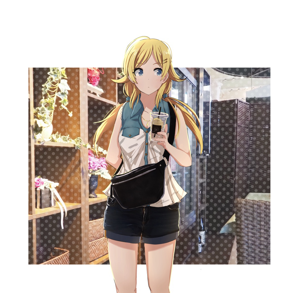 1girl ahoge bag bare_arms bare_shoulders black_shorts blonde_hair blue_eyes bottle casual chair closed_mouth collarbone cup disposable_cup drinking_straw hachimiya_meguru hair_ornament hairclip holding holding_cup idolmaster idolmaster_shiny_colors jewelry long_hair looking_away low_twintails necklace plant polka_dot potted_plant sakeharasu shirt short_shorts shorts shoulder_bag sleeveless sleeveless_shirt solo standing thighs twintails white_shirt wine_bottle