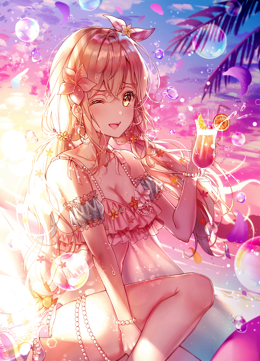 1girl ;d bang_dream! beach bikini bikini_skirt blonde_hair blush bracelet breasts bubble cleavage collarbone cup detached_sleeves drinking_straw flower food frilled_bikini frilled_sleeves frills fruit hair_flower hair_ornament hair_ribbon hand_on_own_leg highres holding holding_cup ichigaya_arisa jewelry leglet lemon lemon_slice lium long_hair looking_at_viewer necklace one_eye_closed open_mouth orange orange_slice outdoors palm_tree pearl_bracelet petals ribbon sidelocks sitting smile solo star striped striped_ribbon sunset swimsuit tree twintails water_drop yellow_eyes