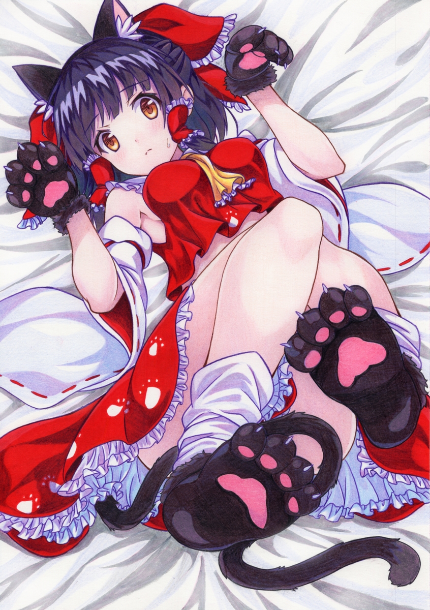 1girl animal_ear_fluff animal_ears ascot bangs bare_shoulders bed_sheet black_gloves black_hair blush bow breasts brown_eyes cat_ears cat_tail commentary_request crop_top detached_sleeves eyebrows_visible_through_hair frilled_ascot frills full_body fur-trimmed_gloves fur_trim gloves hair_bow hair_tubes hakurei_reimu hands_up highres kemonomimi_mode kittona knees_up long_sleeves looking_at_viewer lying medium_breasts miniskirt on_back paw_gloves paw_pose paw_print paw_shoes paws petticoat red_bow red_skirt revision ribbon-trimmed_sleeves ribbon_trim shoes short_hair sidelocks skirt skirt_set socks solo sweat tail touhou traditional_media white_legwear wide_sleeves wily_beast_and_weakest_creature yellow_neckwear