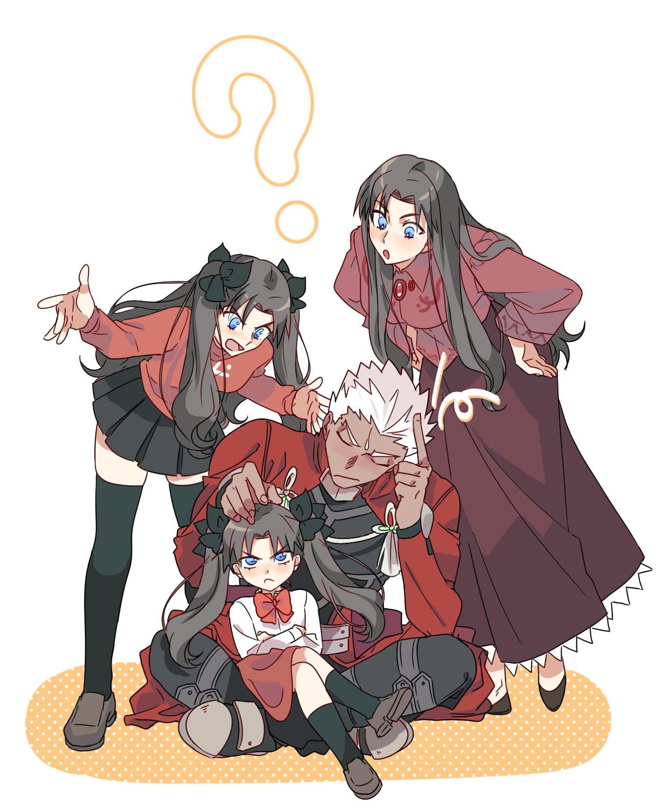 1boy 3girls ? age_difference archer artist_request black_hair black_legwear black_ribbon black_skirt blue_eyes breasts closed_eyes closed_mouth commentary_request dark_skin dress fate/stay_night fate_(series) hair_ribbon highres jacket korean_commentary long_hair medium_breasts miniskirt multiple_girls older open_mouth red_dress red_jacket red_ribbon red_shirt red_skirt ribbon shirt short_hair simple_background sitting skirt spiky_hair thigh-highs time_paradox tohsaka_rin twintails white_background white_hair younger zettai_ryouiki