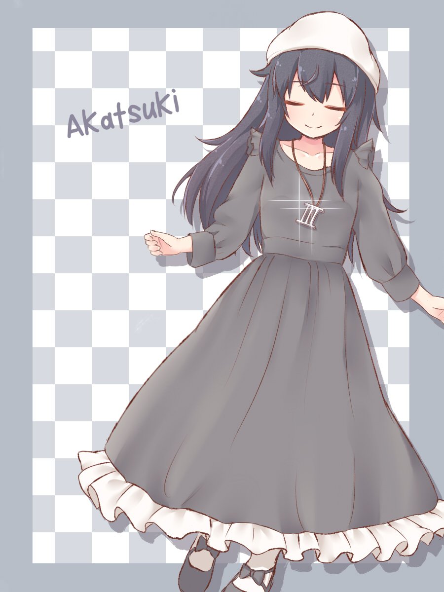 1girl akatsuki_(kantai_collection) alternate_costume black_footwear black_hair character_name checkered checkered_background closed_eyes dress frilled_dress frills grey_dress highres jewelry kantai_collection long_dress long_hair long_sleeves munekawa_momo necklace outstretched_arms pendant smile solo standing white_headwear