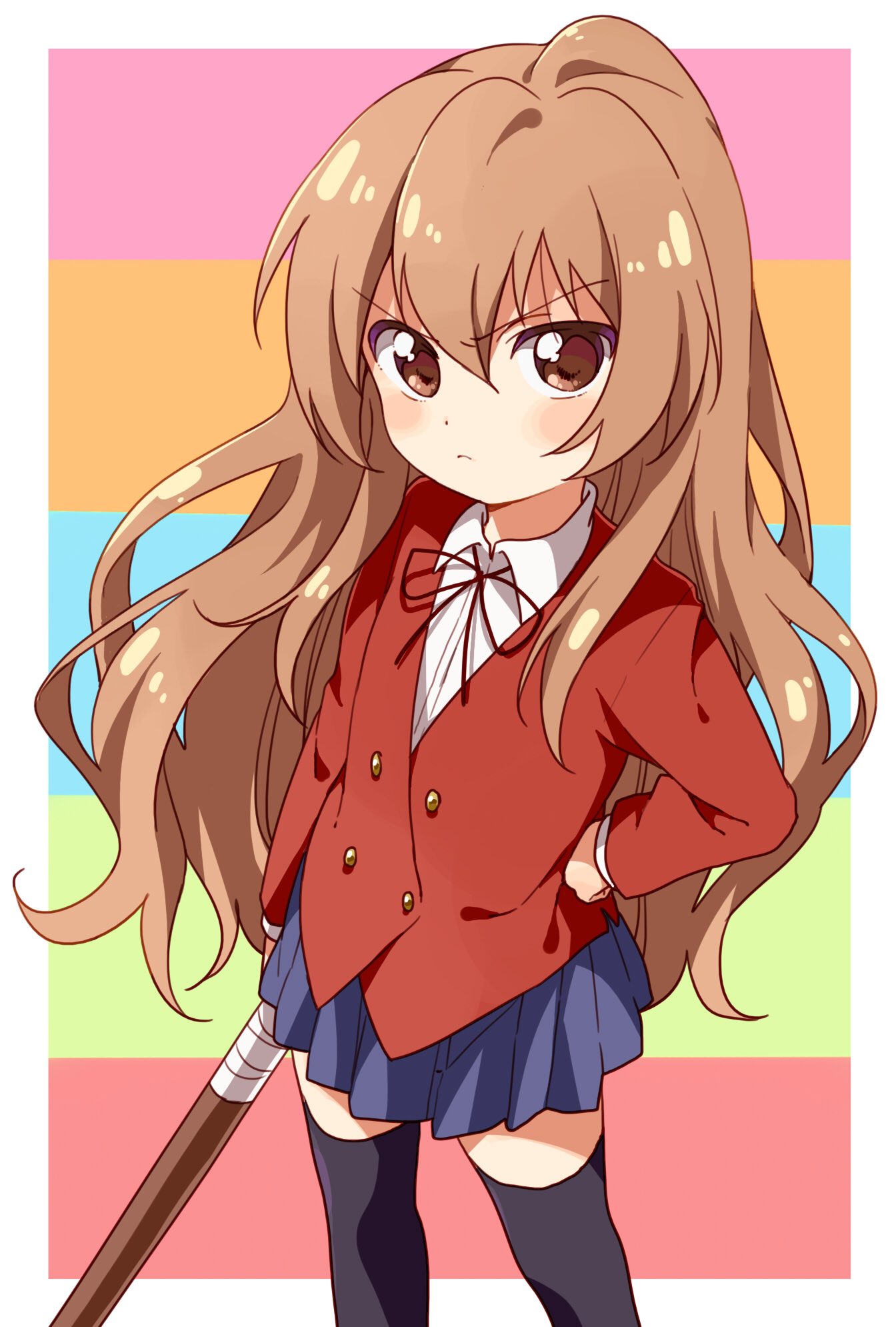 &gt;:( 1girl aisaka_taiga black_legwear blue_skirt brown_eyes brown_hair clenched_hand hand_on_hip highres holding holding_sword holding_weapon jacket long_hair looking_at_viewer multicolored multicolored_background namori oohashi_high_school_uniform red_jacket school_uniform serious skirt solo sword thigh-highs toradora! very_long_hair weapon wooden_sword zettai_ryouiki